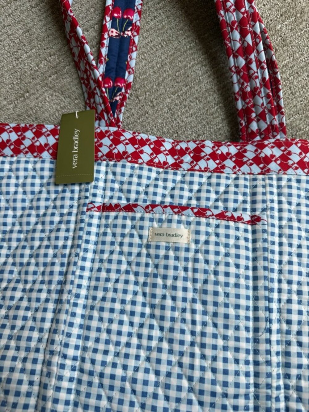 Vera Bradley Reversible Quilted Red, White, & Blue Gingham Cherry Print Tote NWT - Picture 6 of 8